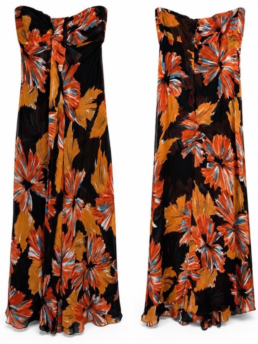 Donna Ricco Black Strapless Maxi Skirt with Orange & Rust Floral Print